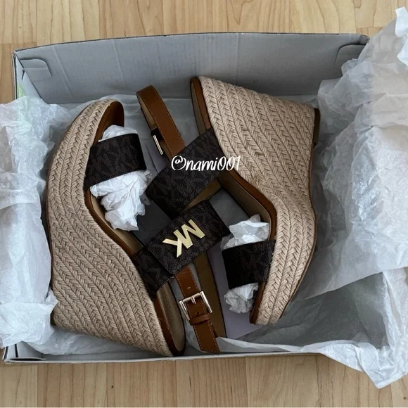 MICHAEL Michael Kors Brown Monogram Deanna Wedges Sandals with Logo Straps - Picture 7 of 9